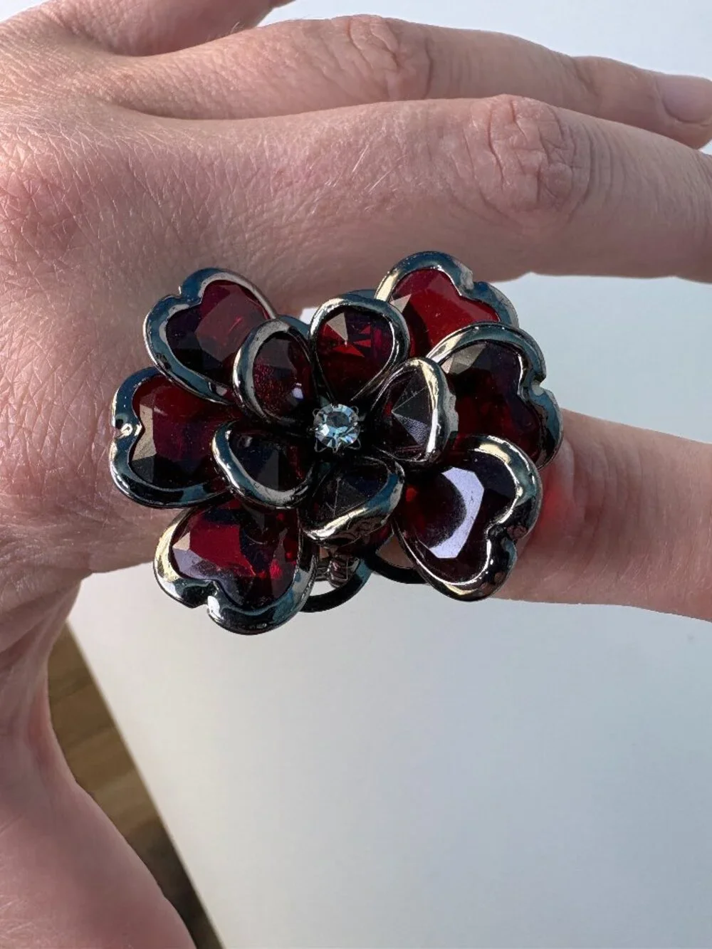 Statement Burgundy Crystal Flower Stretch Ring | Oversized Cocktail Ring